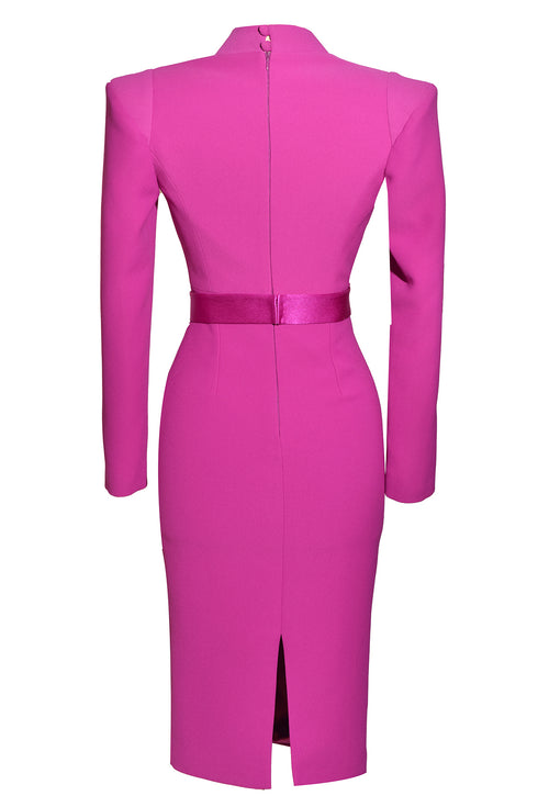 FUCHSIA V-NECK DETAILED PENCIL DRESS - Barrus London